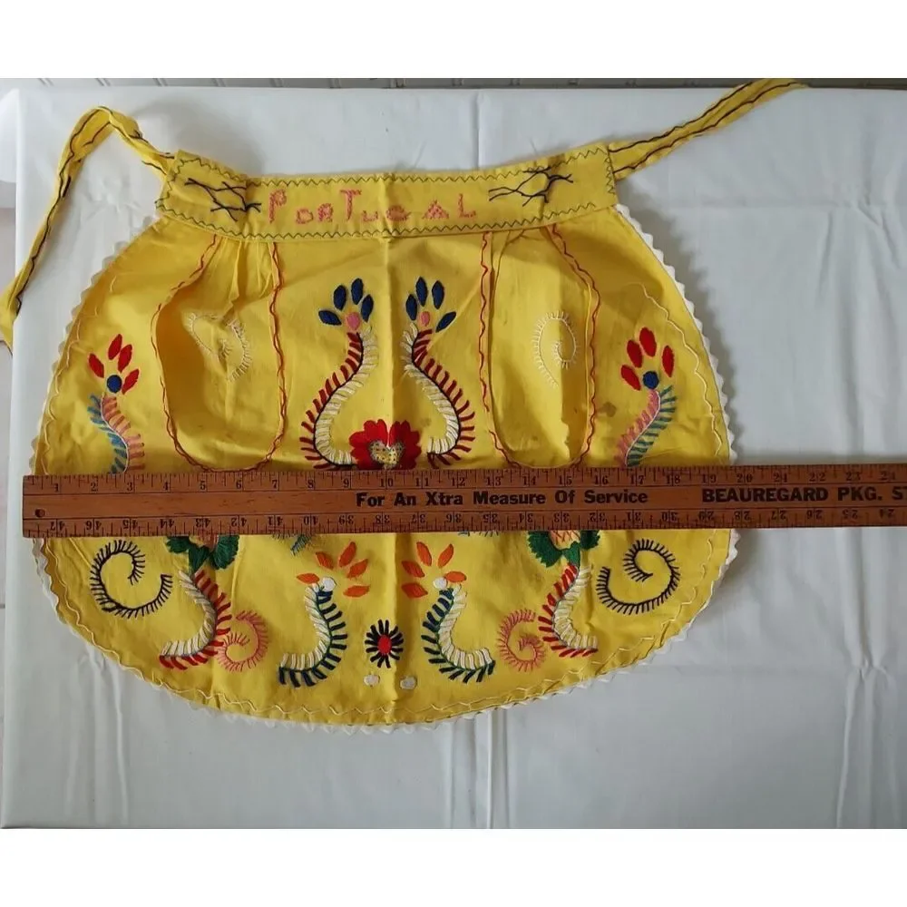 Vintage Half Apron Yellow Portugal‎ Embroidered Floral Traditional Pocket